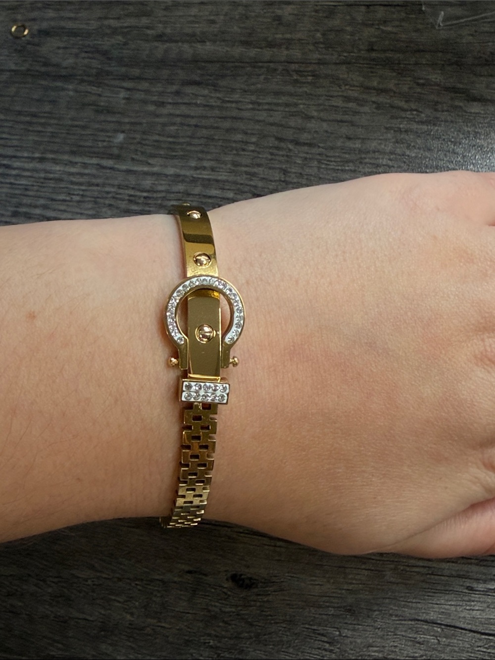 Gold plated stainless steel buckle style bangle bracelet